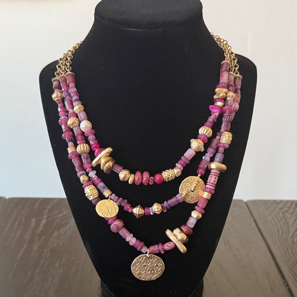 Chico’s Multi-Strand Gold and Purple Beaded Necklace
